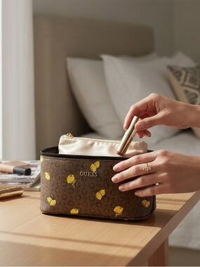 NWT GUESS Lemon and Cafe Monogram Cosmetic Bag Brown/Yellow